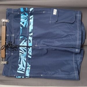 Chaps Mens Swim Trunks Navy/Aqua Mesh Lining Hook&Loop/Tie Elastic Sz XL EUC